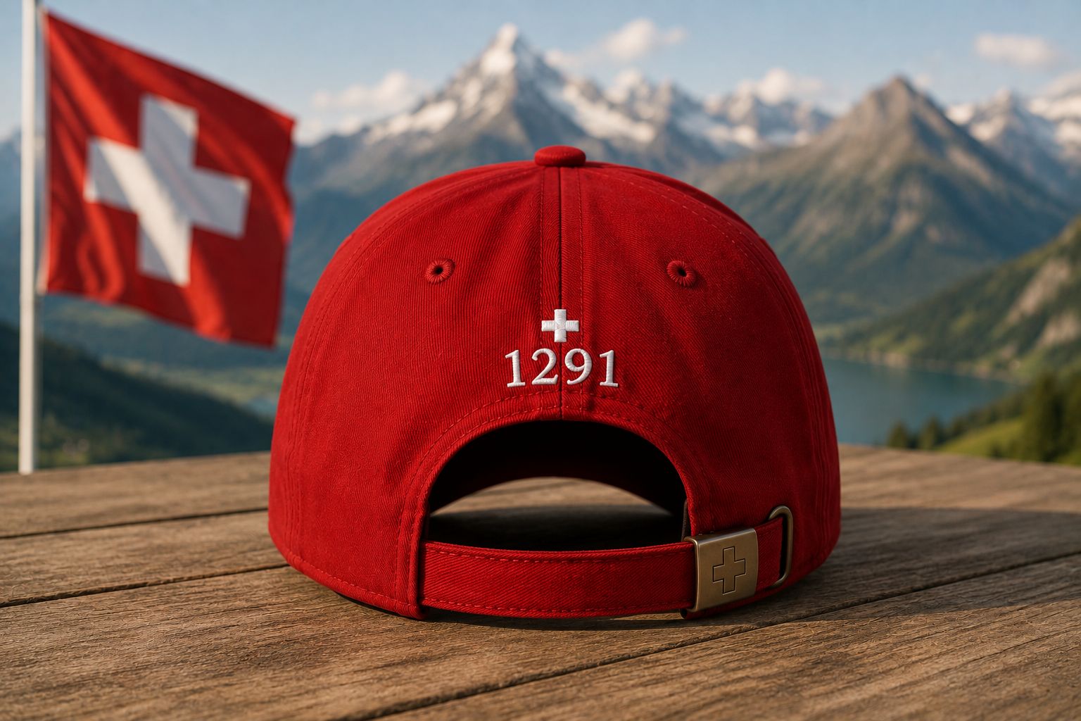 Rückansicht der roten Cap mit '1291'-Stickerei vor Schweizer Alpen