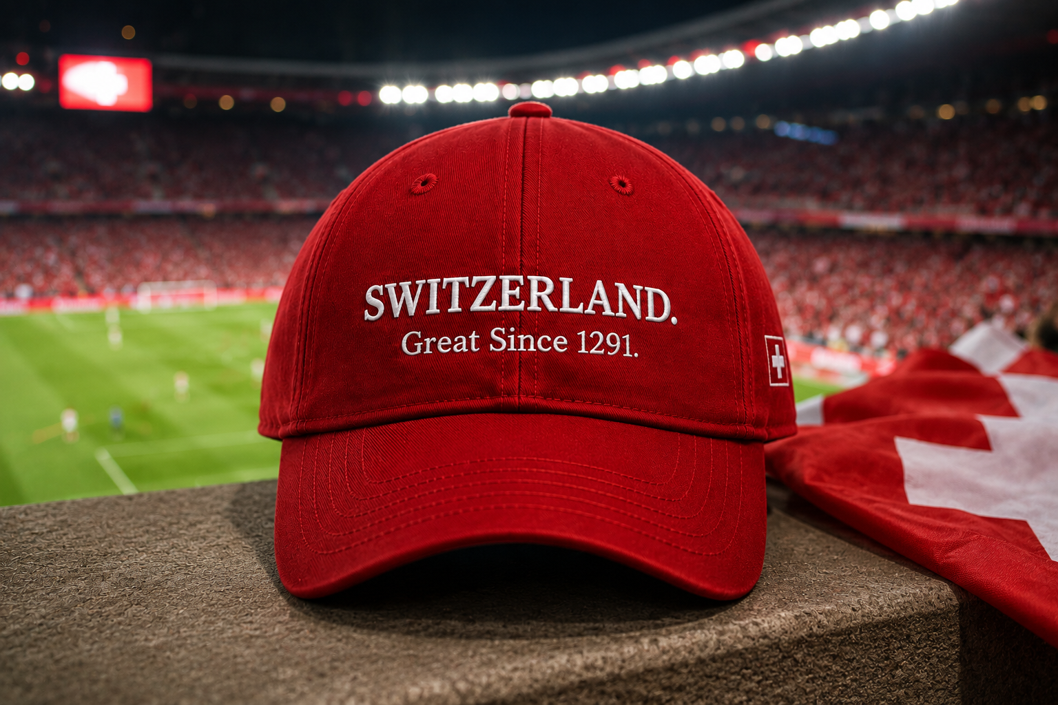 Rote Schweizer Cap im Stadion mit Fahne